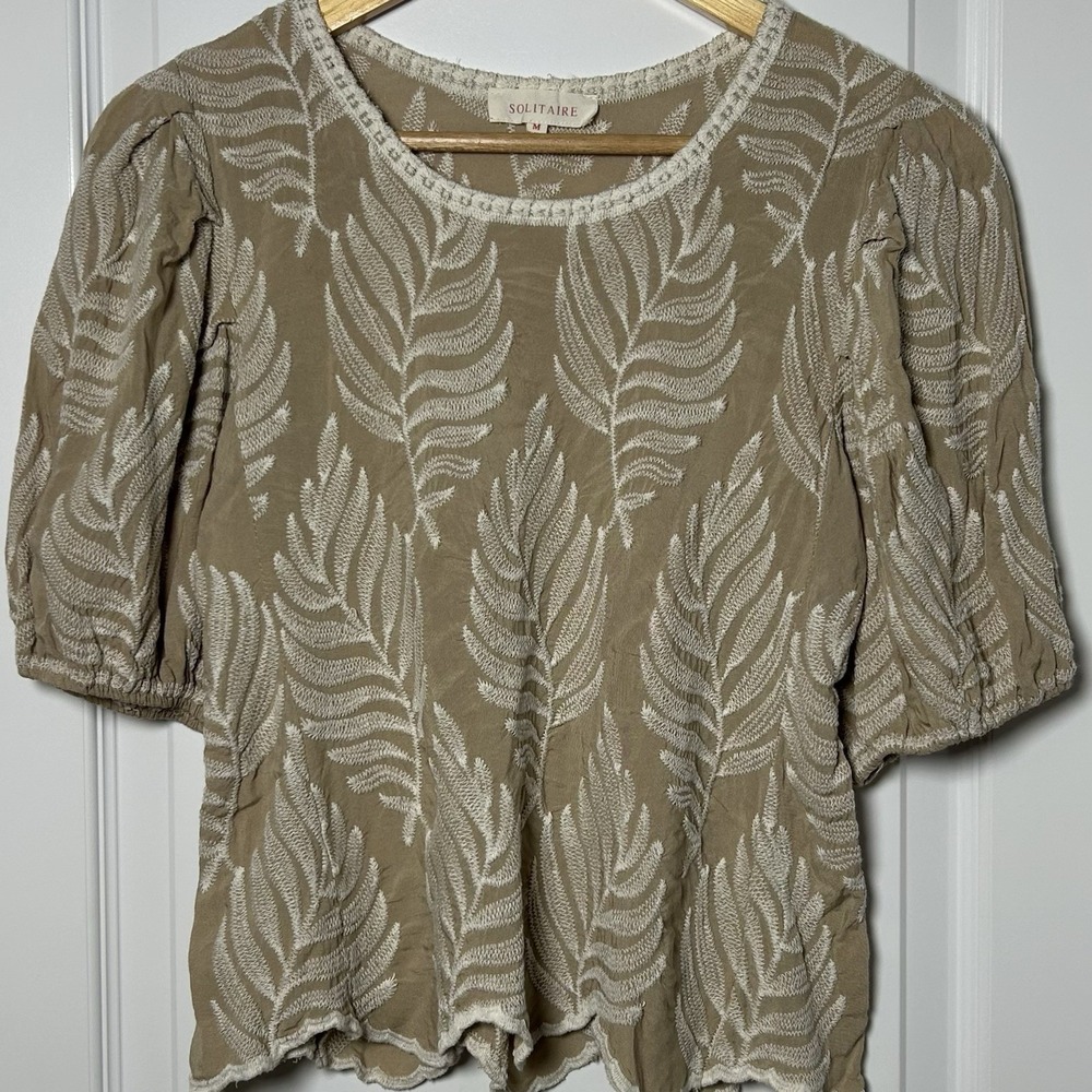 Solitaire Rayon Embroidered Fern Taupe Puff Sleeve Top Cottagecore Boho Style